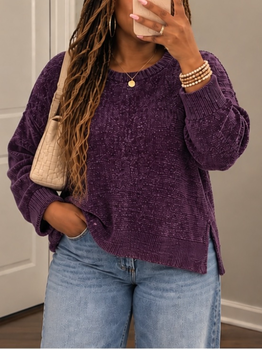 Cozy Plush Crewneck Sweater - Purple